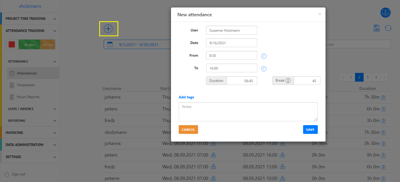 Time Clock - Enter Attendances Manually