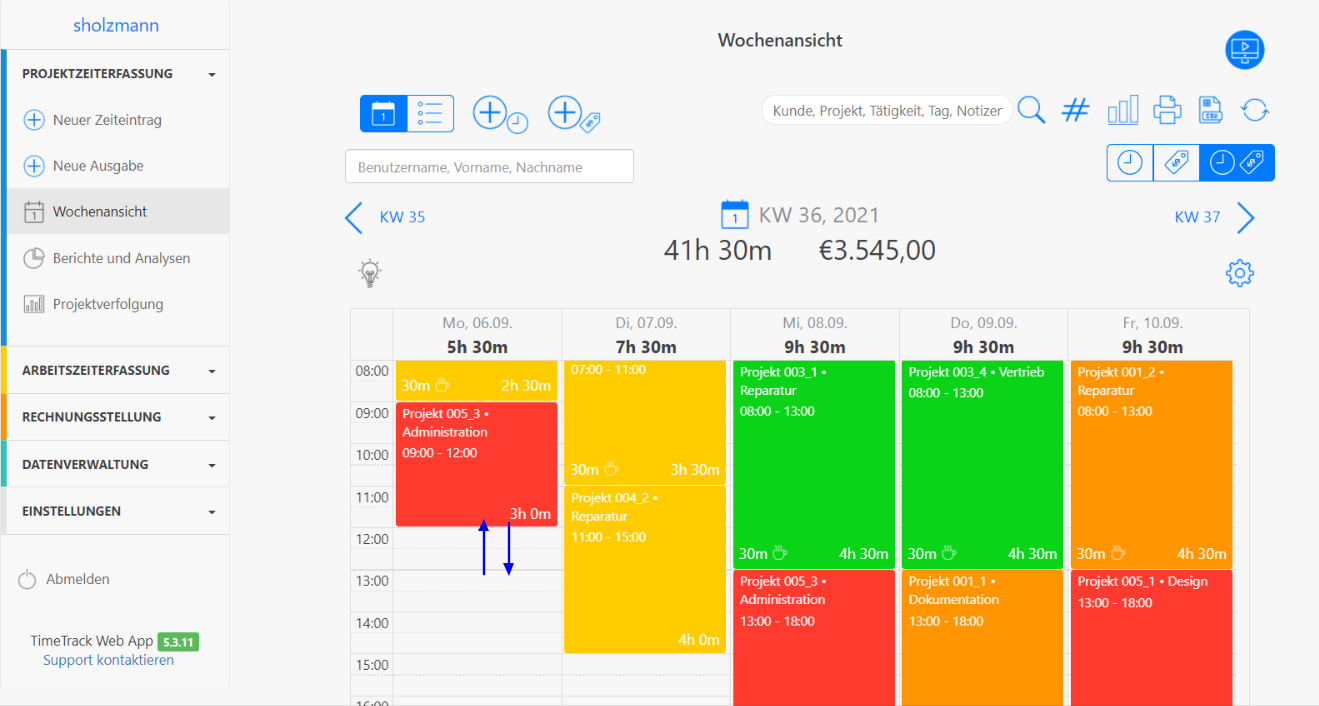 Nachträgliche Zeiteinträge Wochenansicht