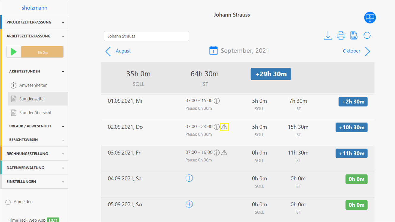 Pausenregelung und Arbeitszeitregelung Warnhinweis bei Nichteinhaltung von Pausen