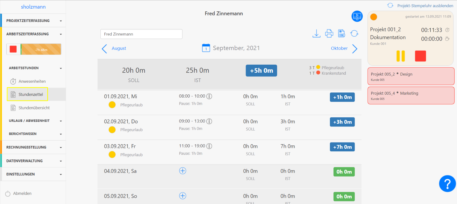 Projekt-Stempeluhr Stundenzettel