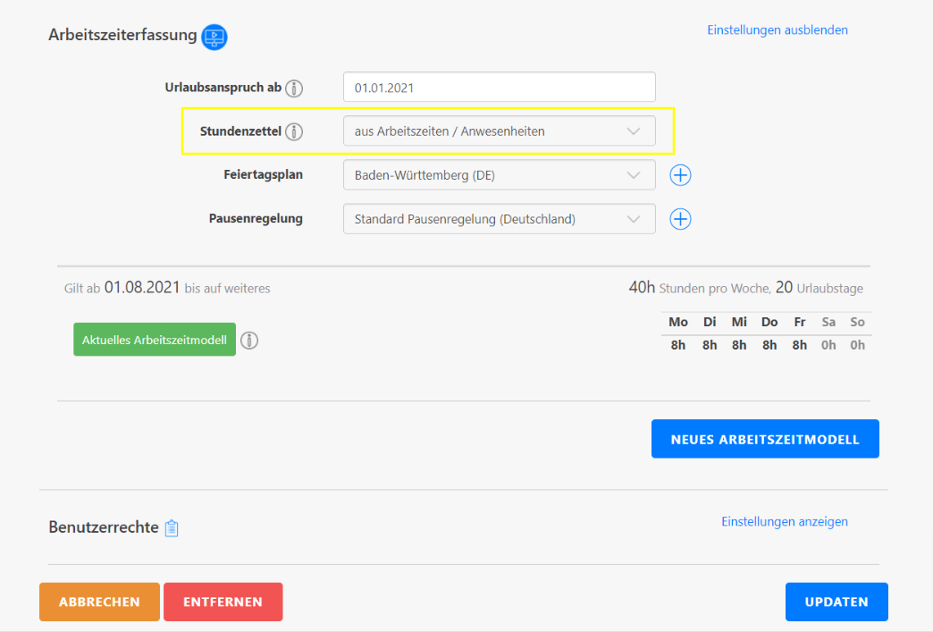 Stempeluhr Einstellungen