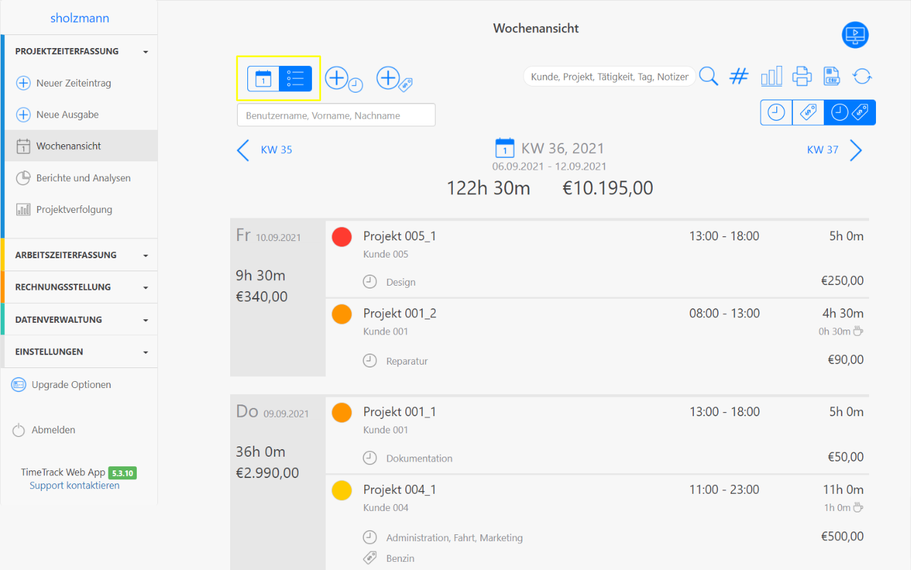 Wochenansicht Listenansicht