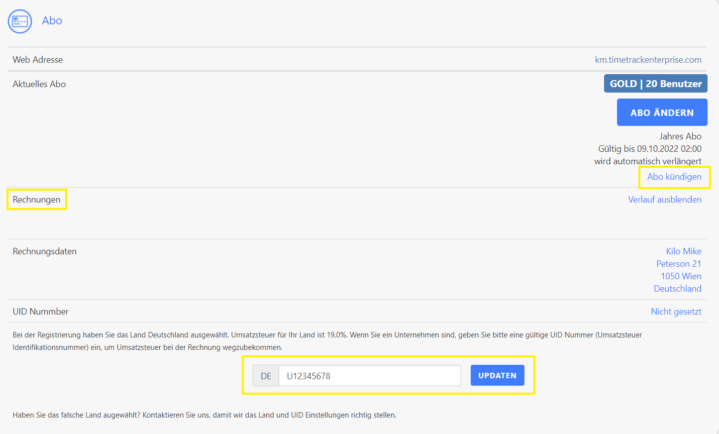 Abo Einstellungen Rechnungsverlauf Kündigung