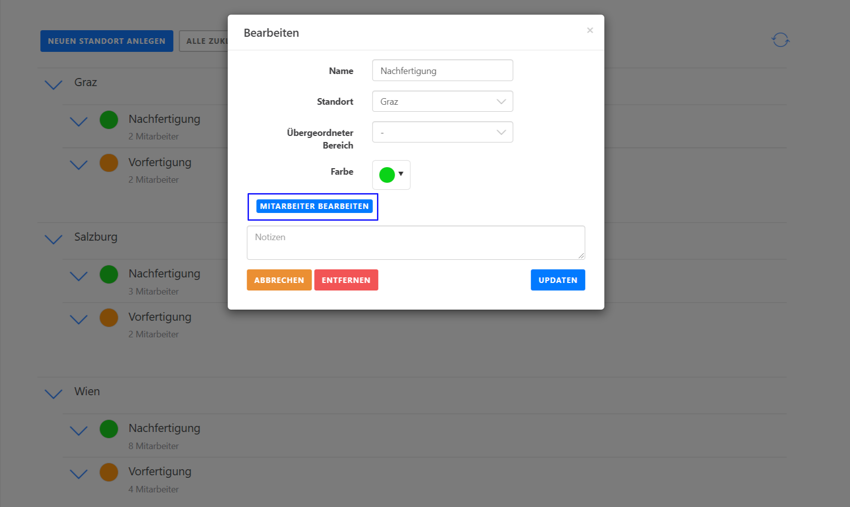 Standorte und Arbeitsbereiche - Arbeitsbereiche bearbeiten