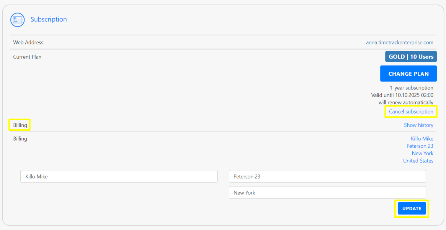 Subscription Settings - Billing History and Cancellation of Subscription