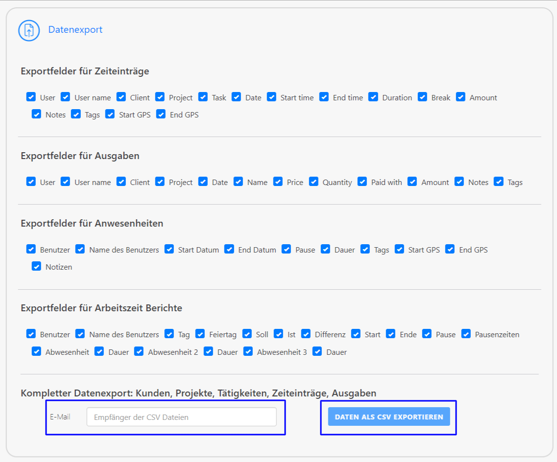 Datenimport/Export - CSVauf die E-Mail exportieren