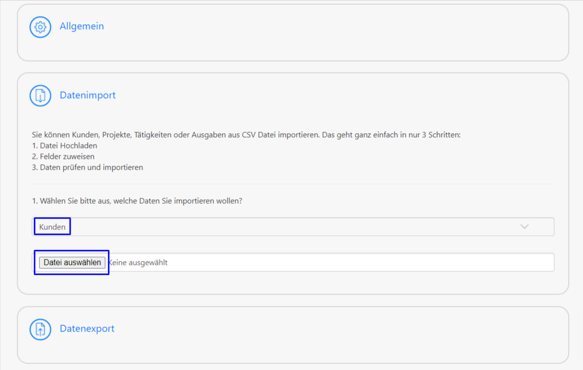 Datenimport/Export - Daten für den Import eingeben