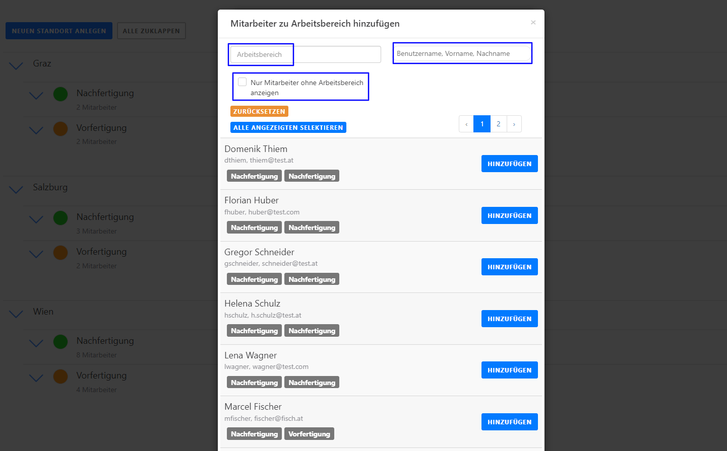 Standorte und Arbeitsbereiche - Mitarbeiter den Arbeitsbereichen zuweisen