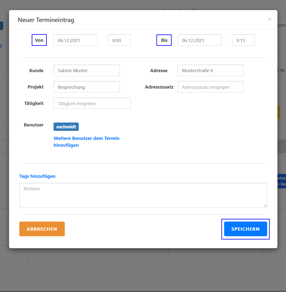 Terminplaner - Eintragen der Termine