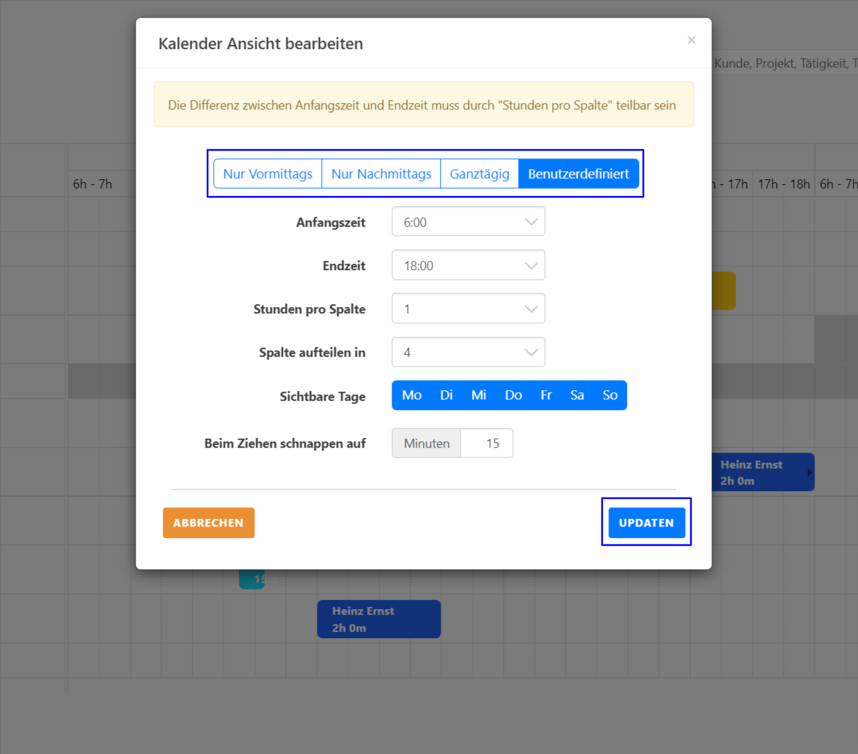 Terminplaner - Kalender Ansicht Einstellungen