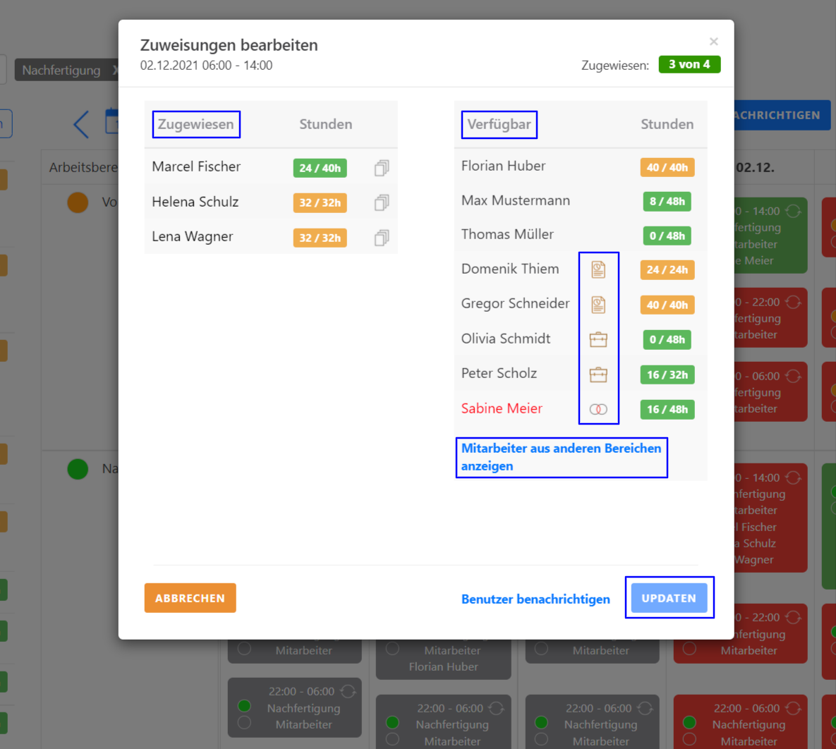 Mitarbeiter Schichten zuteilen - Mitarbeiterauswahl