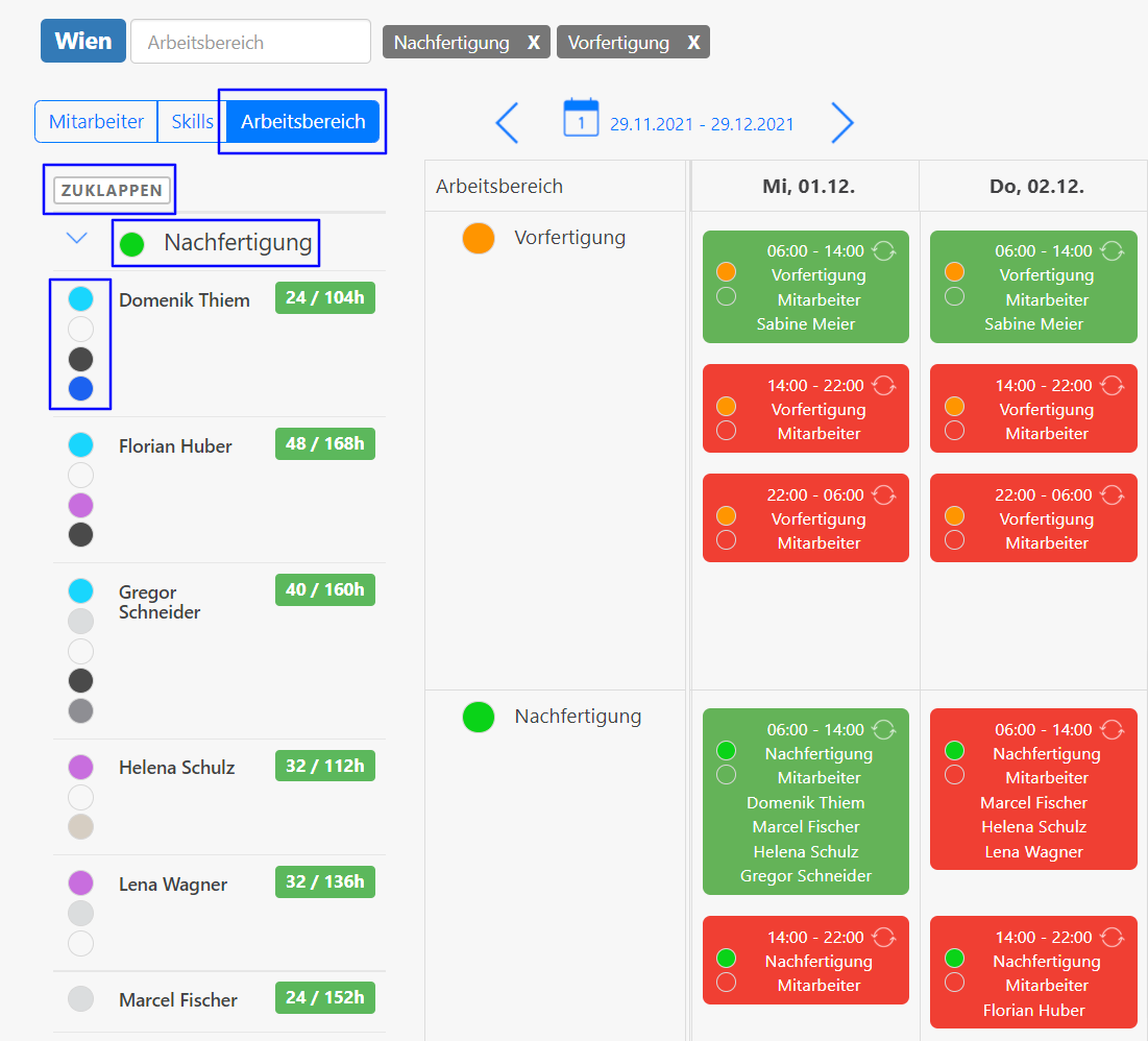 Kalender - Schichten einrichten - Nach Arbeitsbereichen filtern