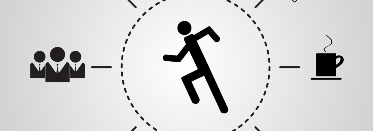 Eine Figur in der Mitte, umgeben von Symbolen für Arbeit, Zeit, Team, Dokumente, Kaffee, Geld und Kommunikation.