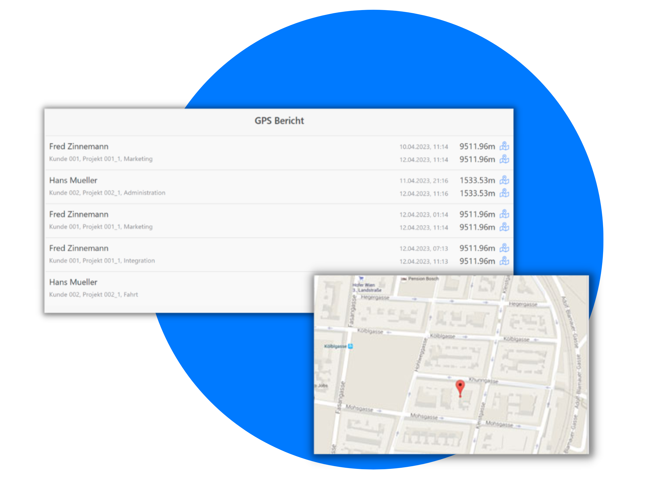 GPS-Bericht mit einer Auflistung von Mitarbeitern, Projekten, Zeitstempeln und Entfernungen, ergänzt durch eine Kartenansicht, die einen bestimmten Standort hervorhebt.