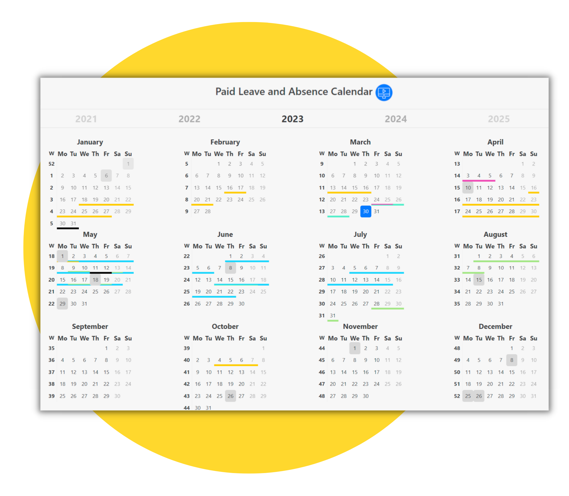 "Kalender für bezahlten Urlaub und Abwesenheiten für das Jahr 2023, mit hervorgehobenen Terminen in verschiedenen Farben."