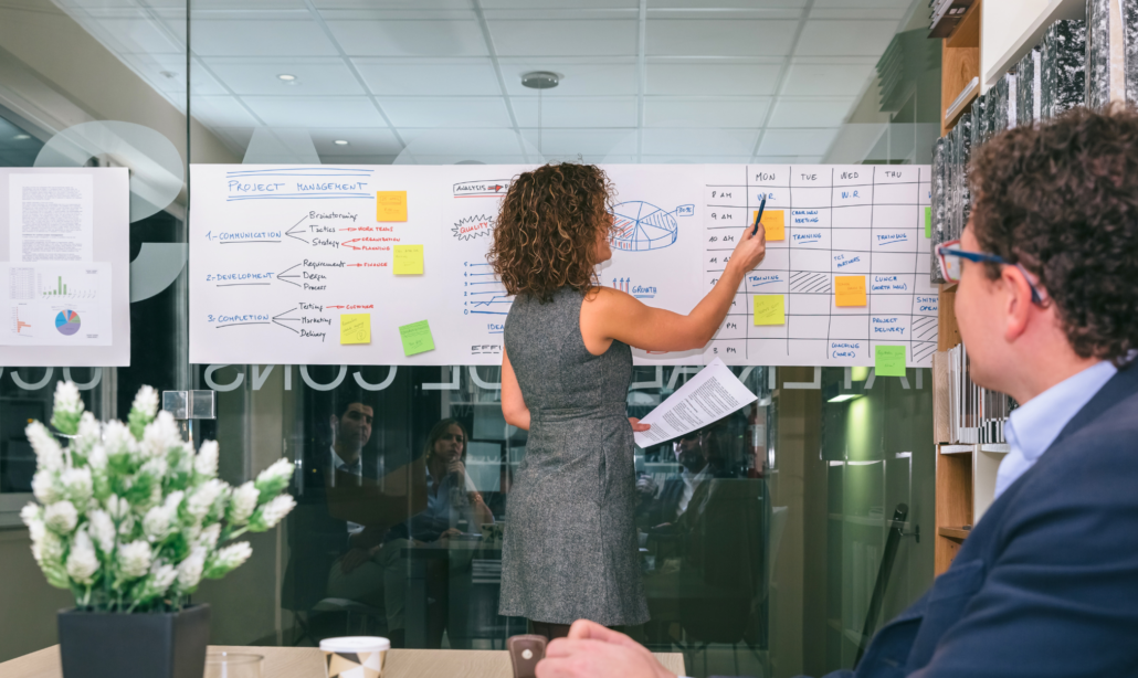 "Frau präsentiert einen Projektmanagement-Plan auf einem Whiteboard vor Kollegen in einem Konferenzraum."
