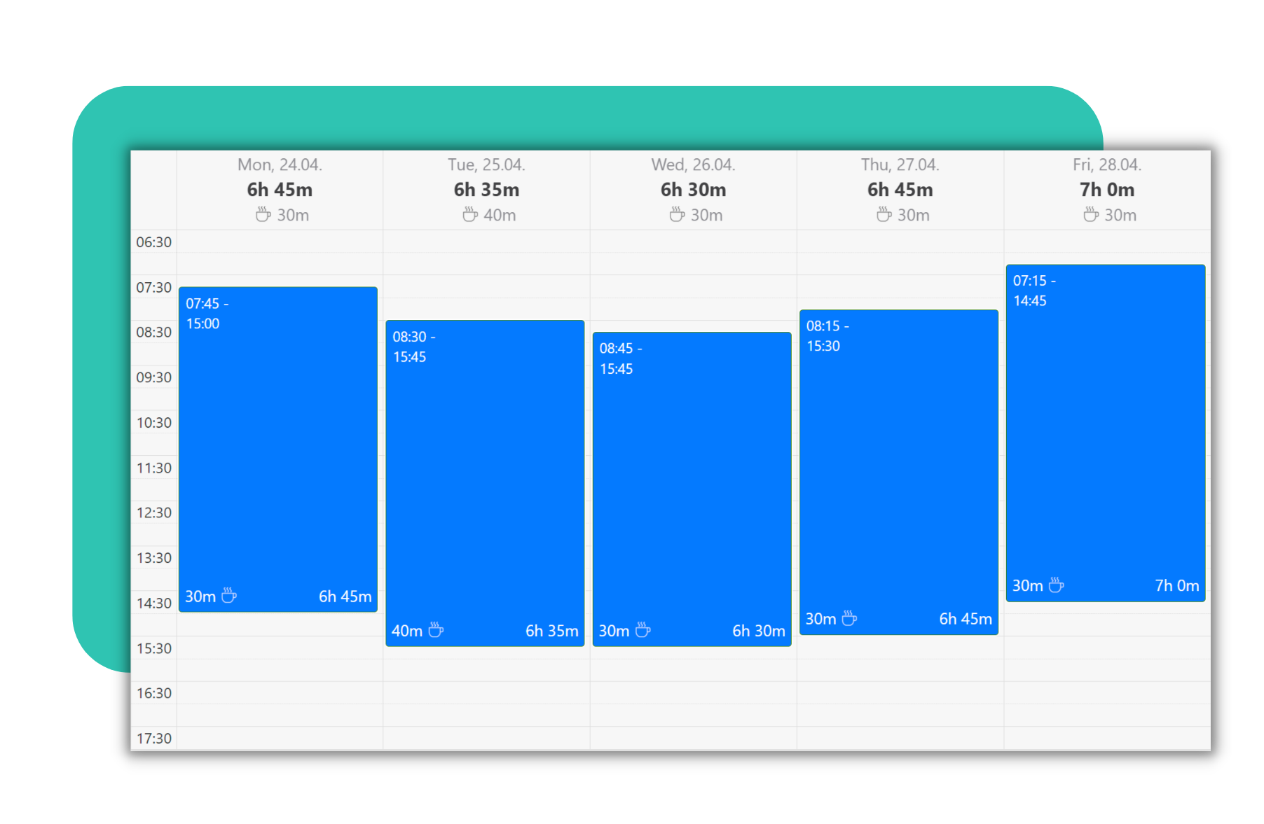 "Wöchentlicher Zeitplan mit Arbeitszeiten und Pausen in einem Kalenderformat, dargestellt durch blaue Blöcke."
