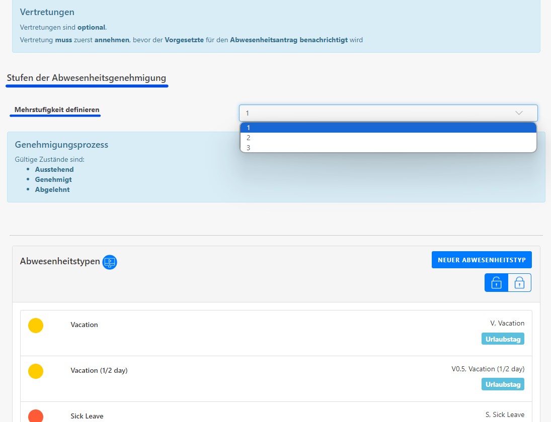Ein Bildschirm einer Abwesenheitsverwaltungssoftware mit Optionen für Vertretungen, Genehmigungsstufen, gültige Zustände (Ausstehend, Genehmigt, Abgelehnt) und eine Liste der Abwesenheitstypen (Urlaub, Urlaub 1/2 Tag, Krankmeldung).