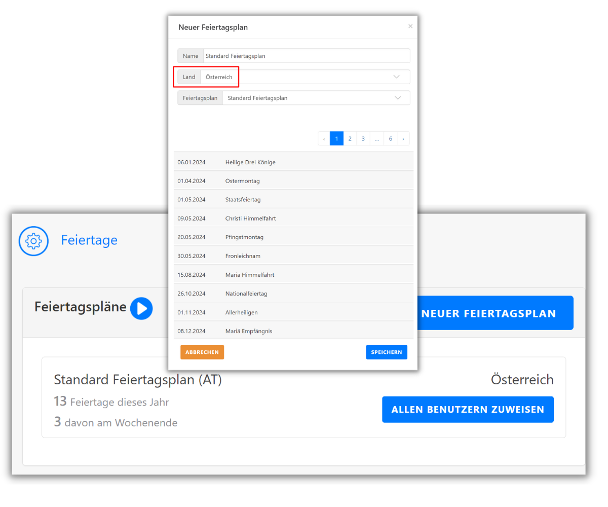Screenshot der Timetrack Software zeigt die Einstellungen für Feiertage. Ein Fenster "Neuer Feiertagsplan" ist geöffnet, wobei das Land Österreich ausgewählt ist. Die Liste der Feiertage wird angezeigt. Im Hintergrund ist die Übersicht der Feiertagspläne mit einer Schaltfläche "Neuer Feiertagsplan" und "Allen Benutzern zuweisen" sichtbar.