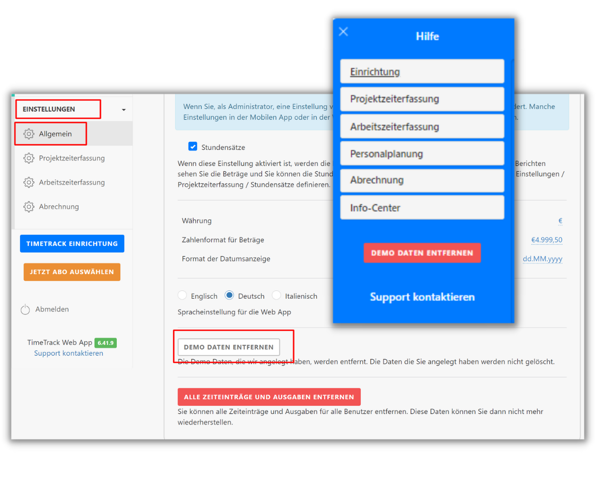 Screenshot der Timetrack Software zeigt die allgemeinen Einstellungen. Es gibt Optionen für Währung, Zahlenformat, Sprache und das Entfernen von Demo-Daten. Ein Hilfemenü bietet Zugang zu verschiedenen Bereichen wie Einrichtung, Projektzeiterfassung und Abrechnung.