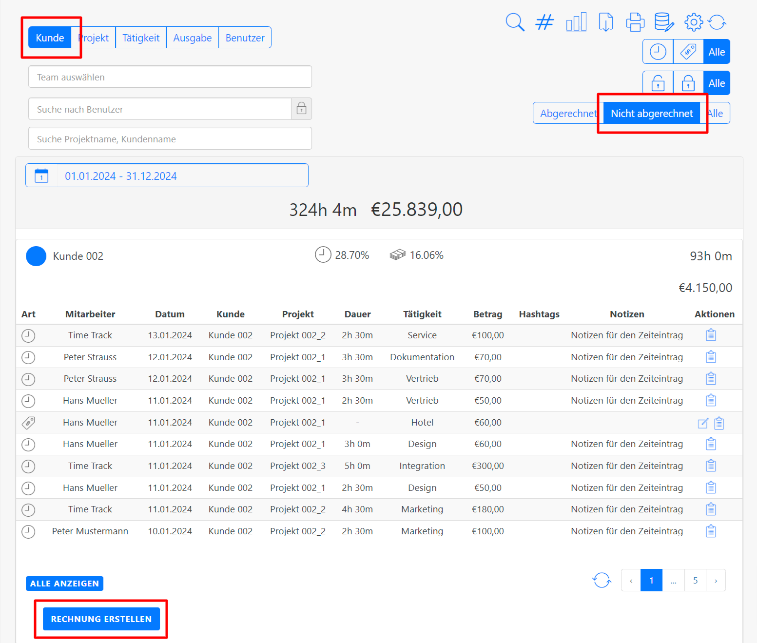 Screenshot der Timetrack Software zeigt eine Übersicht der nicht abgerechneten Zeiten für einen Kunden. Es gibt Optionen zum Filtern nach Kunden, Projekten und anderen Kriterien. Unten befindet sich eine Schaltfläche "Rechnung erstellen".
