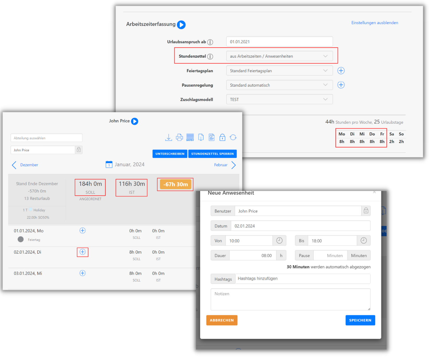 Screenshot der TimeTrack-Software. Einstellungen zur Arbeitszeiterfassung mit Urlaubsanspruch, Stundenzettel, Feiertagsplan, Pausenregelung und Zuschlagsmodell. Übersicht für Januar 2024 zeigt Soll- und Ist-Stunden sowie Differenz. Neue Anwesenheit hinzufügen.