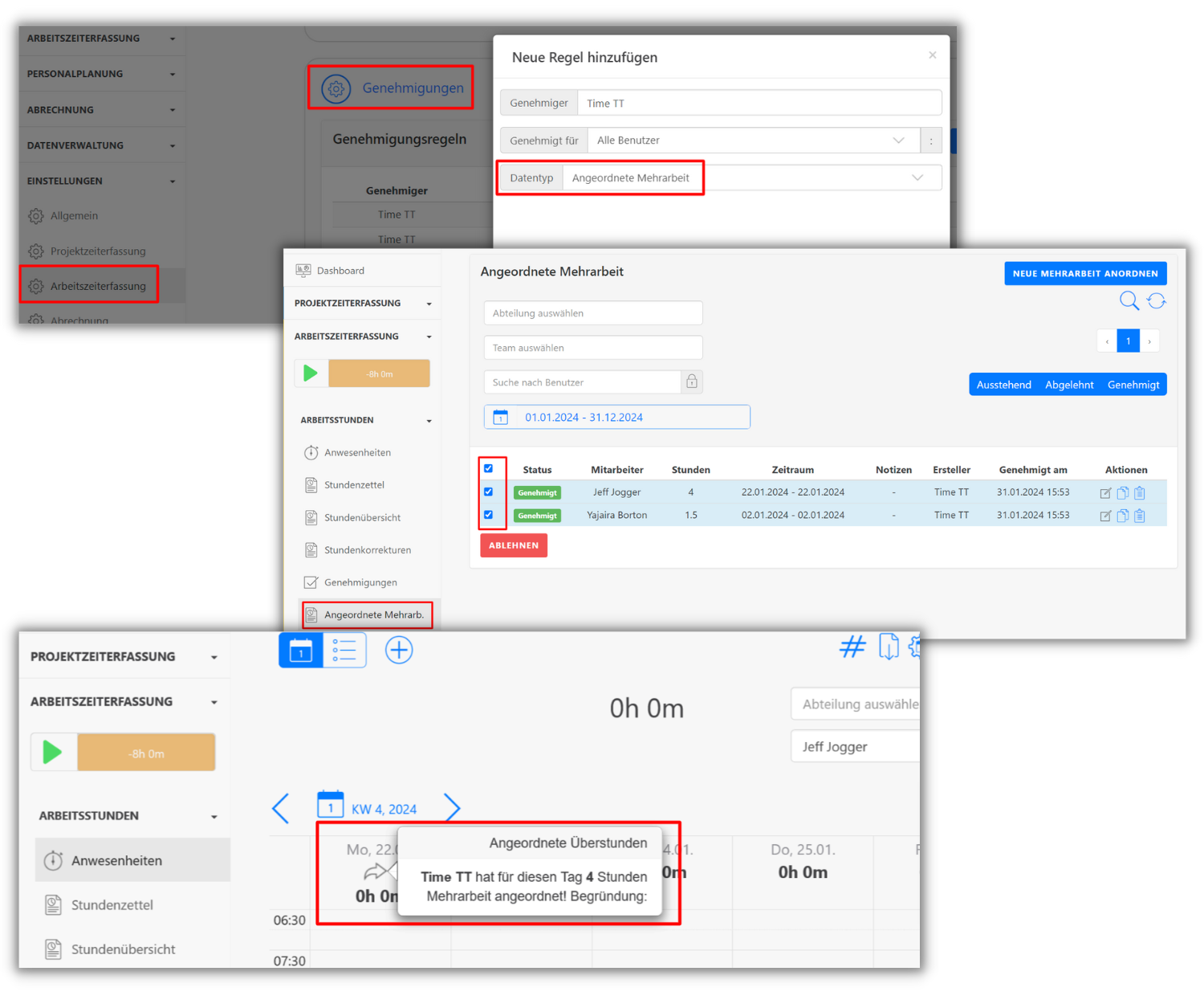 Screenshot der TimeTrack-Software. Links das Menü mit markierter "Arbeitszeiterfassung". Rechts oben ein Dialogfeld für eine neue Regel zur Genehmigung von "Angeordneter Mehrarbeit". Unten die Übersicht der angeordneten Mehrarbeit mit "Neue Mehrarbeit anordnen" und Schaltflächen "Ablehnen" und "Genehmigen". Ganz unten eine Kalenderansicht mit Hinweis auf angeordnete Überstunden.