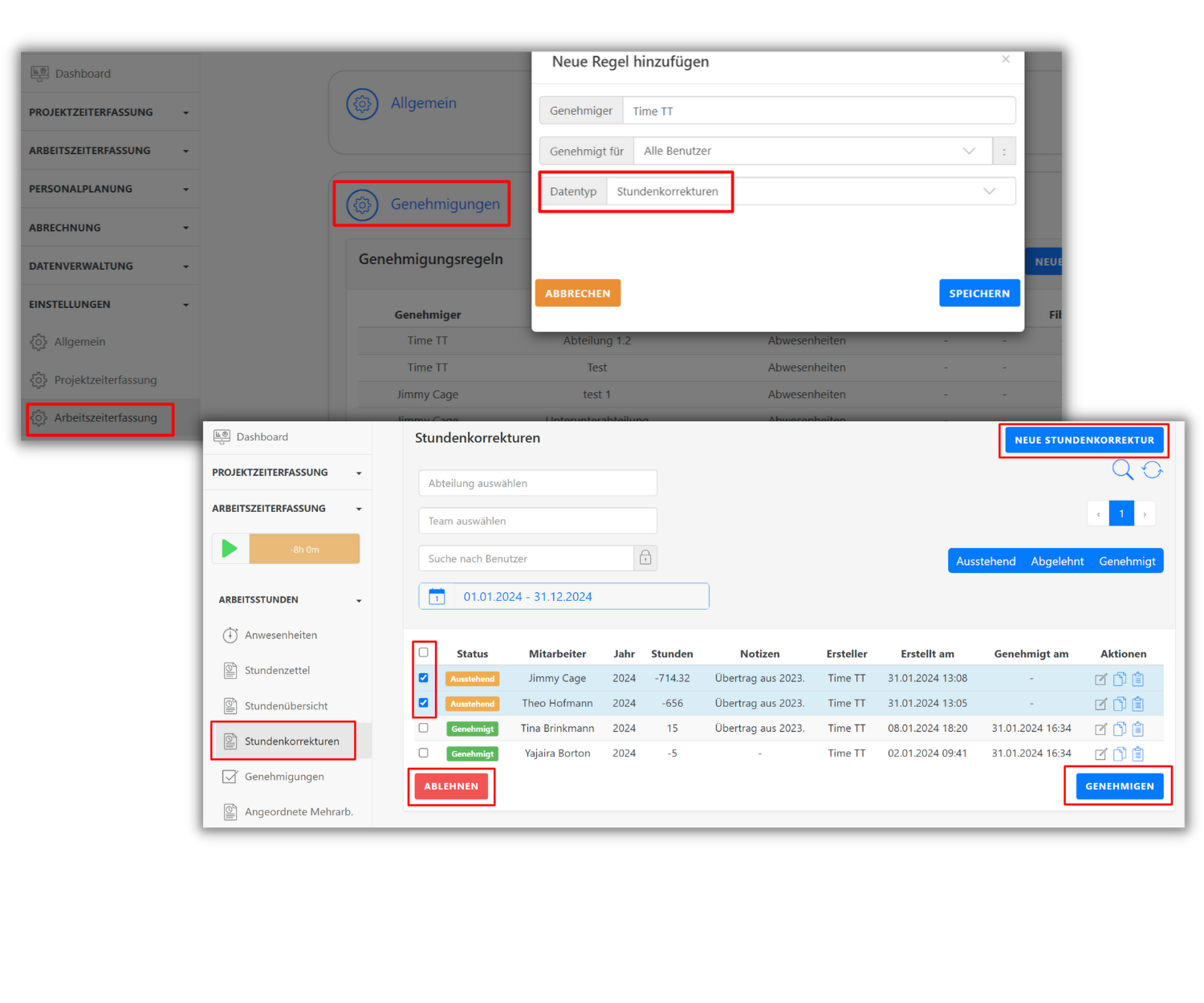 Screenshot der TimeTrack-Software. Links ist das Menü mit markierter "Arbeitszeiterfassung". Rechts oben ein Dialogfeld zur Erstellung einer neuen Regel mit "Genehmigungen" und Datentyp "Stundenkorrekturen". Unten eine Übersicht der Stundenkorrekturen mit der Option "Neue Stundenkorrektur", genehmigte und ausstehende Einträge sowie die Schaltflächen "Ablehnen" und "Genehmigen".