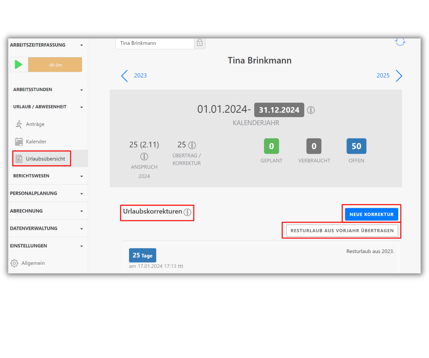 Screenshot der TimeTrack-Software. Links ist das Menü mit markierter "Urlaubsübersicht". Rechts eine Übersicht der Urlaubsansprüche für Tina Brinkmann im Kalenderjahr 2024. Es gibt Optionen für "Urlaubskorrekturen", "Neue Korrektur" und "Resturlaub aus Vorjahr übertragen".