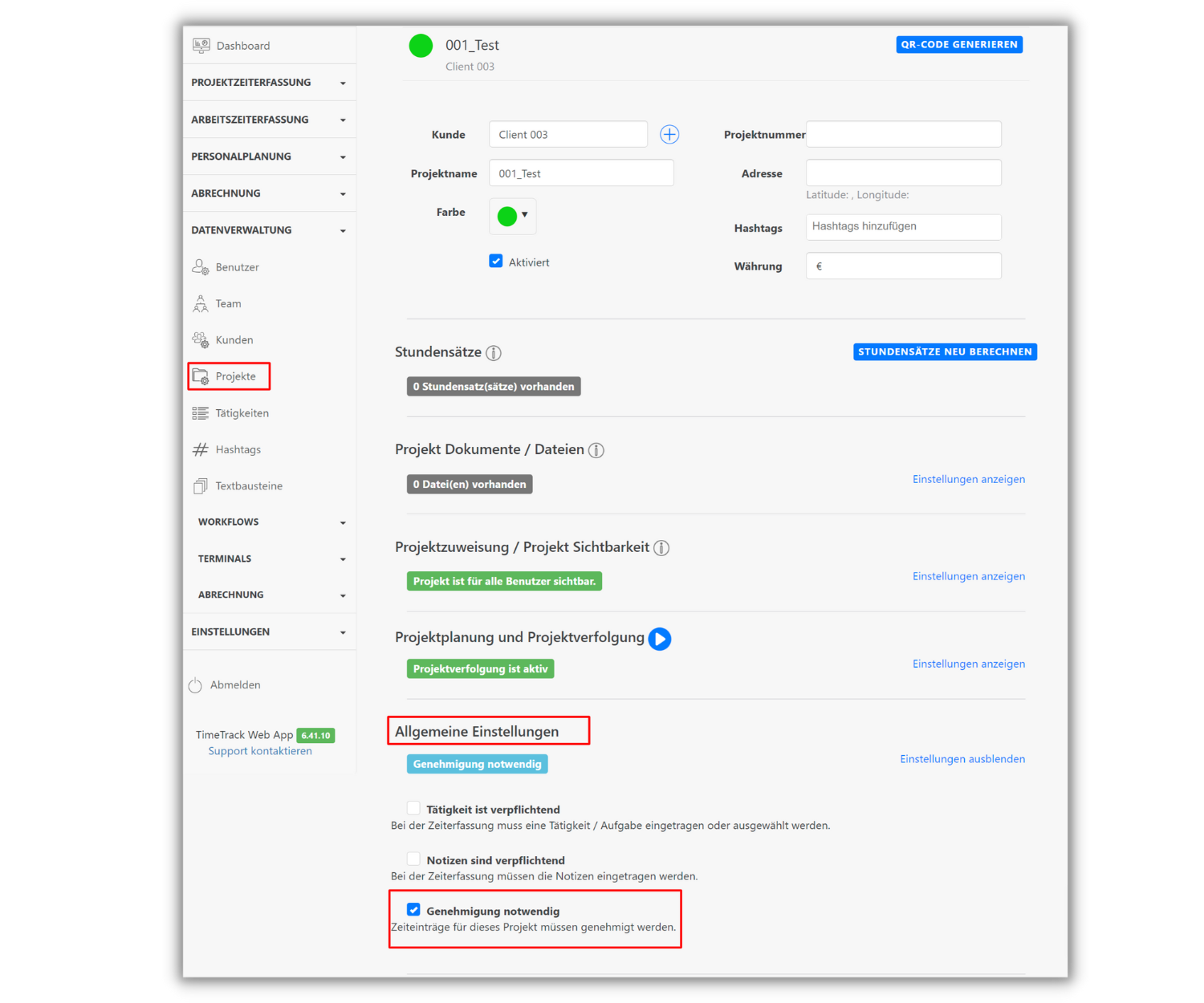 Screenshot einer Projektmanagement-Software. Links ist das Menü mit markiertem "Projekte"-Eintrag. Rechts die Projektseite mit Angaben zu Kunde, Projektname und Einstellungen. "Genehmigung notwendig" ist aktiviert.