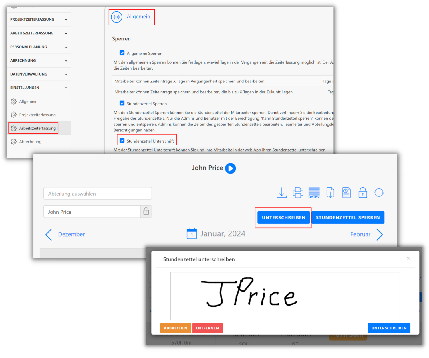 TimeTrack-Software-Einstellungen zur Arbeitszeiterfassung. Unter "Allgemein" sind die Optionen für "Sperren" zu finden, einschließlich "Stundenzettel Unterschrift". Ein spezifisches Mitarbeiter-Dashboard zeigt die Möglichkeit, den Stundenzettel zu unterschreiben. Ein Unterschriftsfeld ist sichtbar