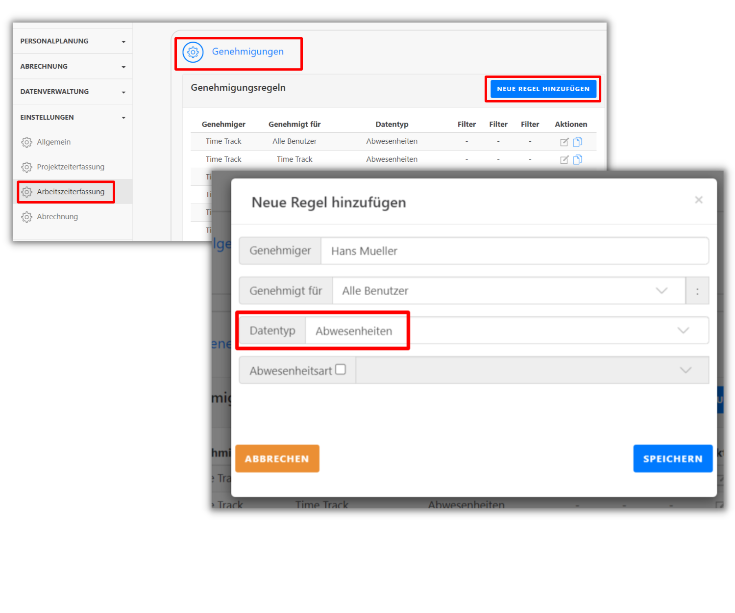 Ein Screenshot der Timetrack App zeigt die Sektion "Genehmigungen" unter "Arbeitszeiterfassung". Ein Fenster "Neue Regel hinzufügen" ist geöffnet, mit Feldern für Genehmiger, Genehmigt für, Datentyp (Abwesenheiten) und Abwesenheitsart.