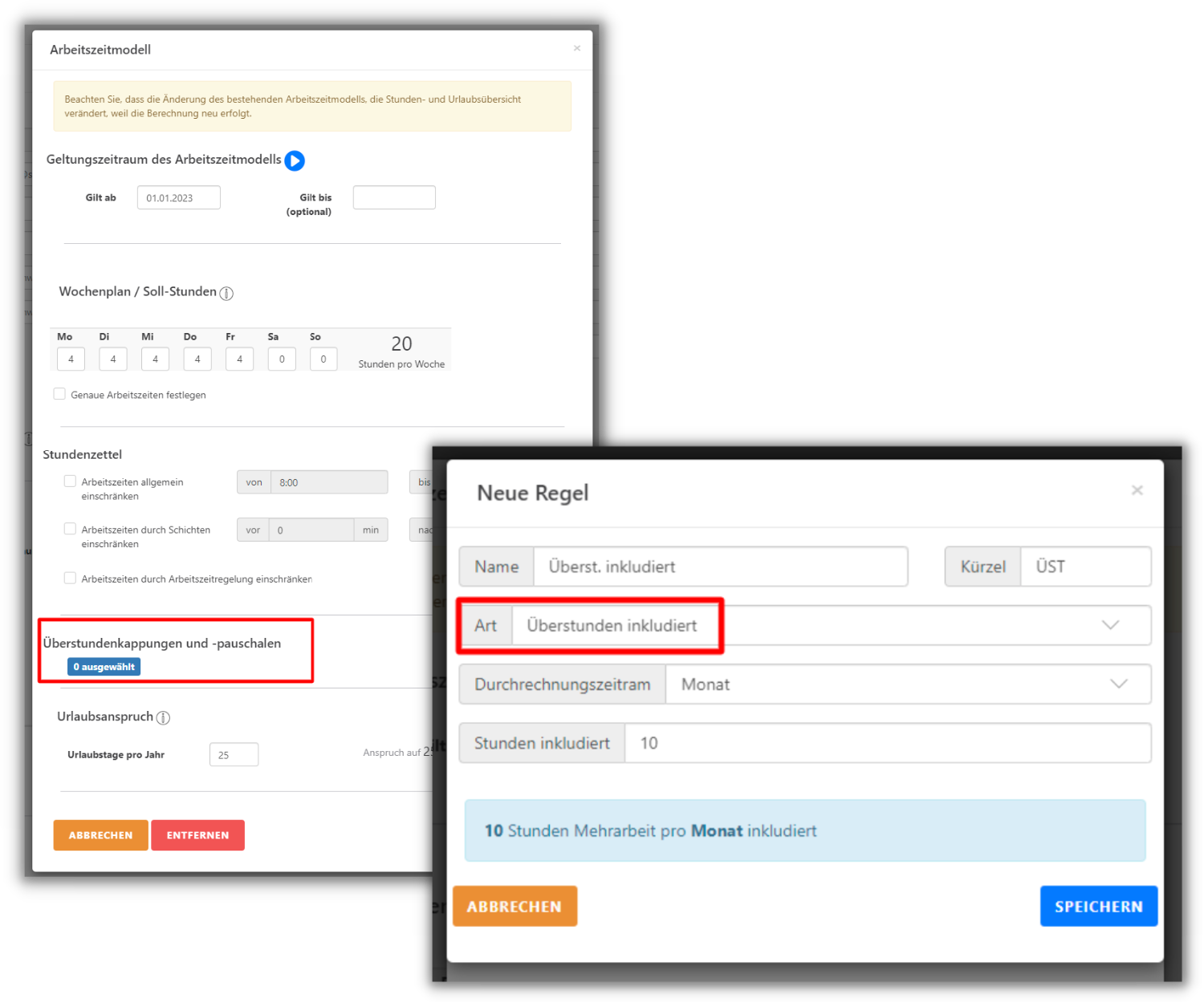Screenshot der TimeTrack-Software. Oben links das Arbeitszeitmodell mit markierter Option "Überstundenkappungen und -pauschalen". Rechts unten ein Dialogfeld zur Erstellung einer neuen Regel mit dem Namen "Überst. inkludiert" und der Art "Überstunden inkludiert".