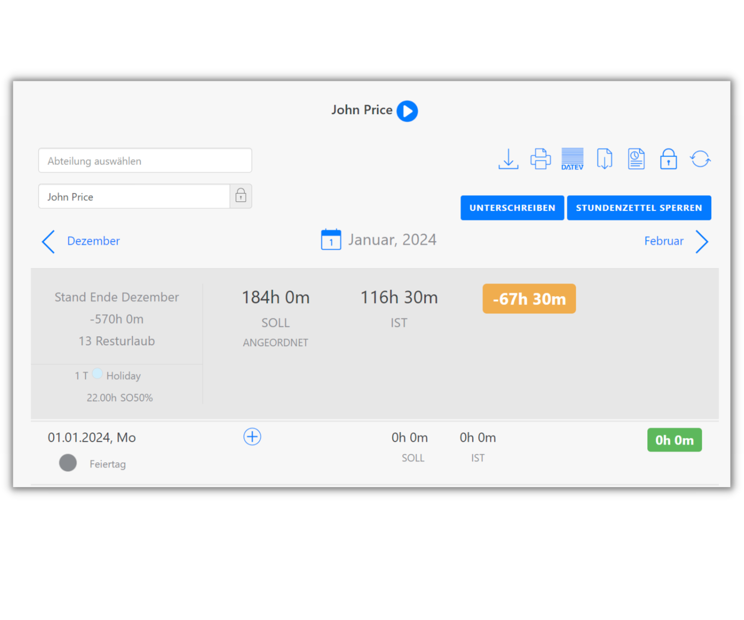 Screenshot der TimeTrack-Software. Darstellung der Arbeitszeitübersicht für Januar 2024. Angezeigt sind Soll-Stunden, Ist-Stunden und die Differenz. Funktionen wie "Unterschreiben" und "Stundenzettel sperren" sind verfügbar.