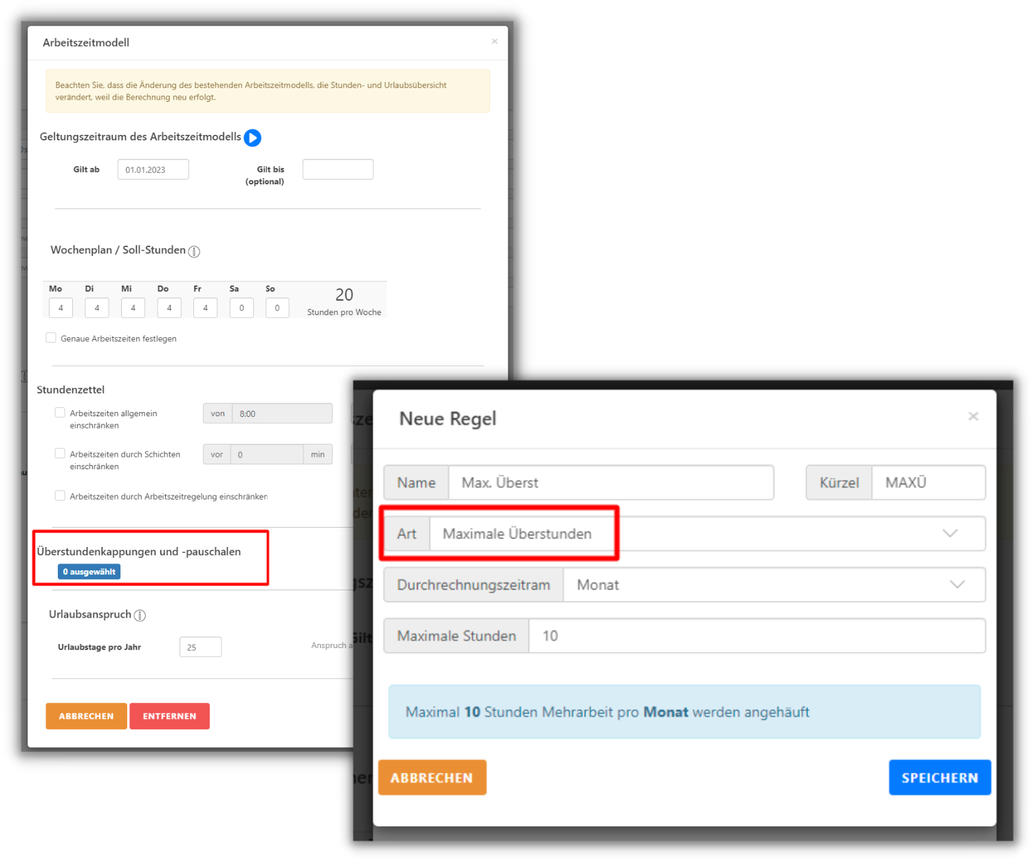 Screenshot der TimeTrack-Software. Oben links das Arbeitszeitmodell mit markierter Option "Überstundenkappungen und -pauschalen". Rechts unten ein Dialogfeld zur Erstellung einer neuen Regel mit dem Namen "Überst. inkludiert" und der Art "Überstunden inkludiert".