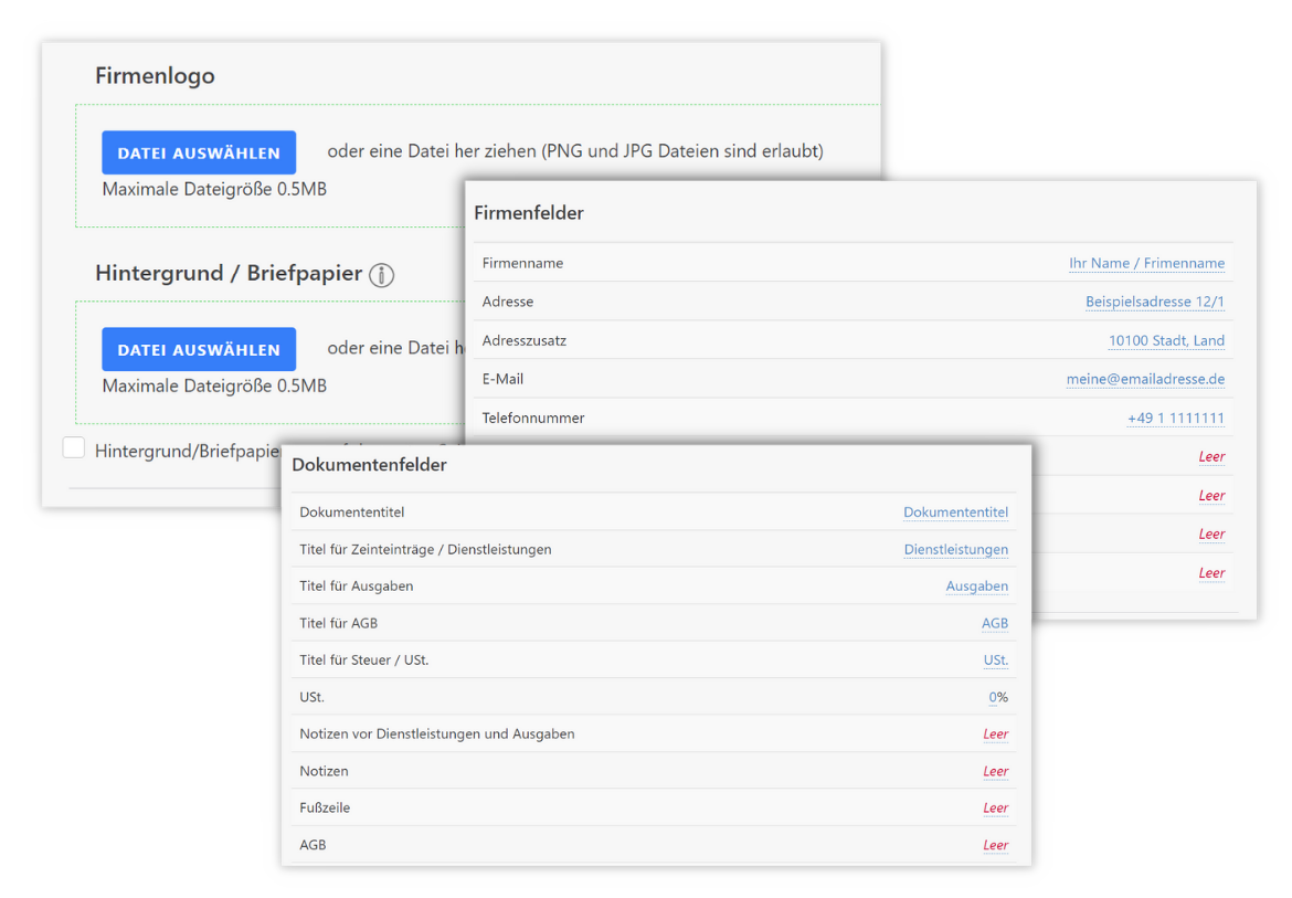 Screenshot der Timetrack Software zeigt die Einstellungen für Firmenlogo, Hintergrund/Briefpapier und Firmenfelder wie Name, Adresse, E-Mail und Telefonnummer. Zudem gibt es Dokumentenfelder für Titel, AGB und Notizen.