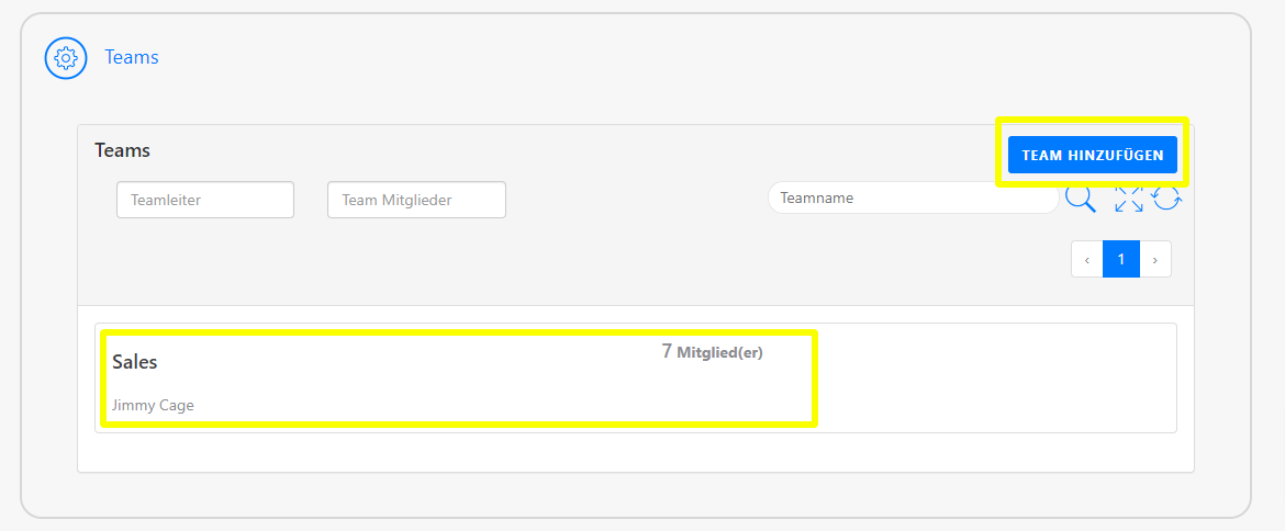 Eine Benutzeroberfläche zur Verwaltung von Teams zeigt eine Übersicht mit der Möglichkeit, ein neues Team hinzuzufügen. Ein Team namens "Sales" mit 7 Mitgliedern ist aufgelistet.