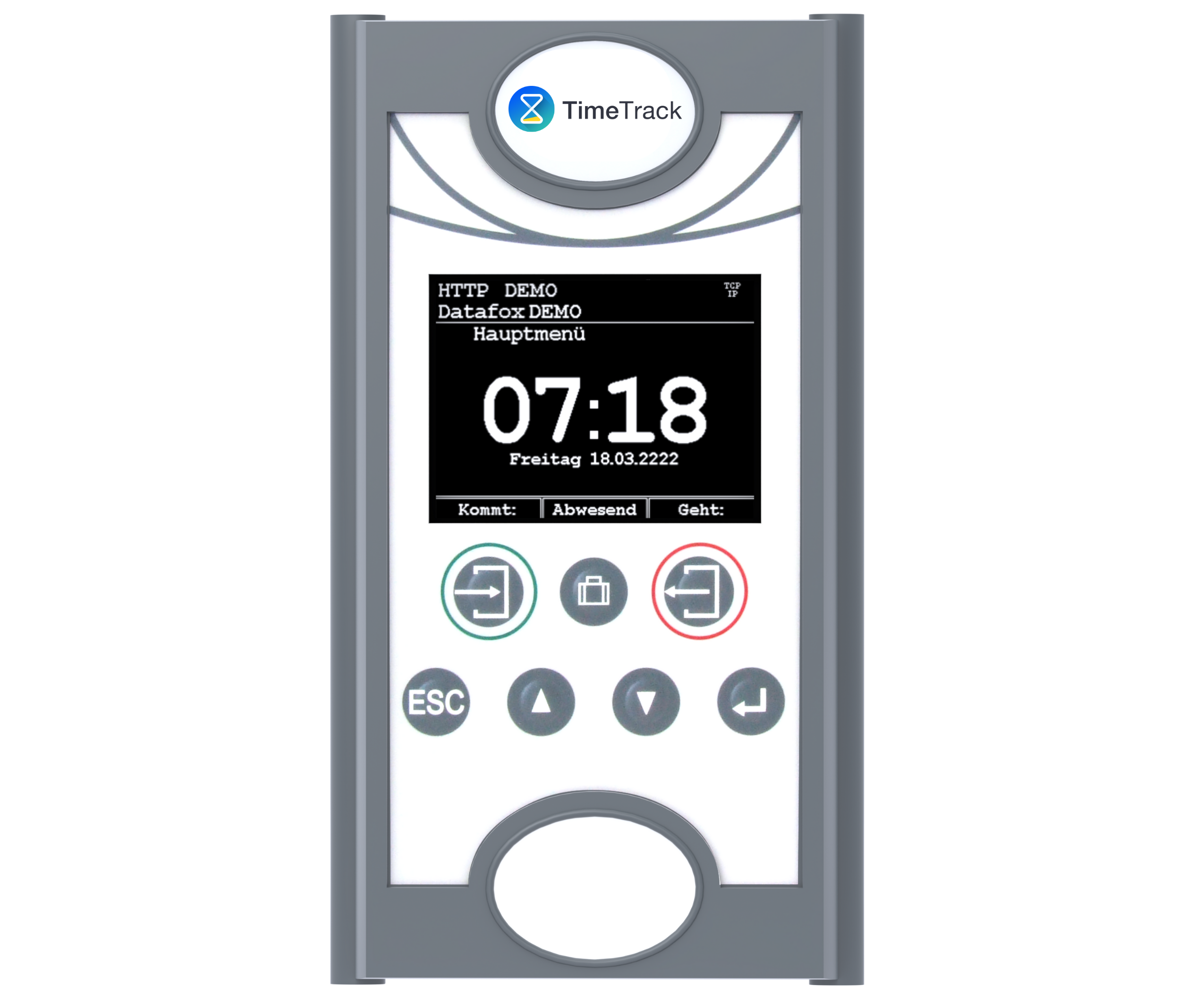 Zeiterfassungsgerät mit dem Logo "TimeTrack"