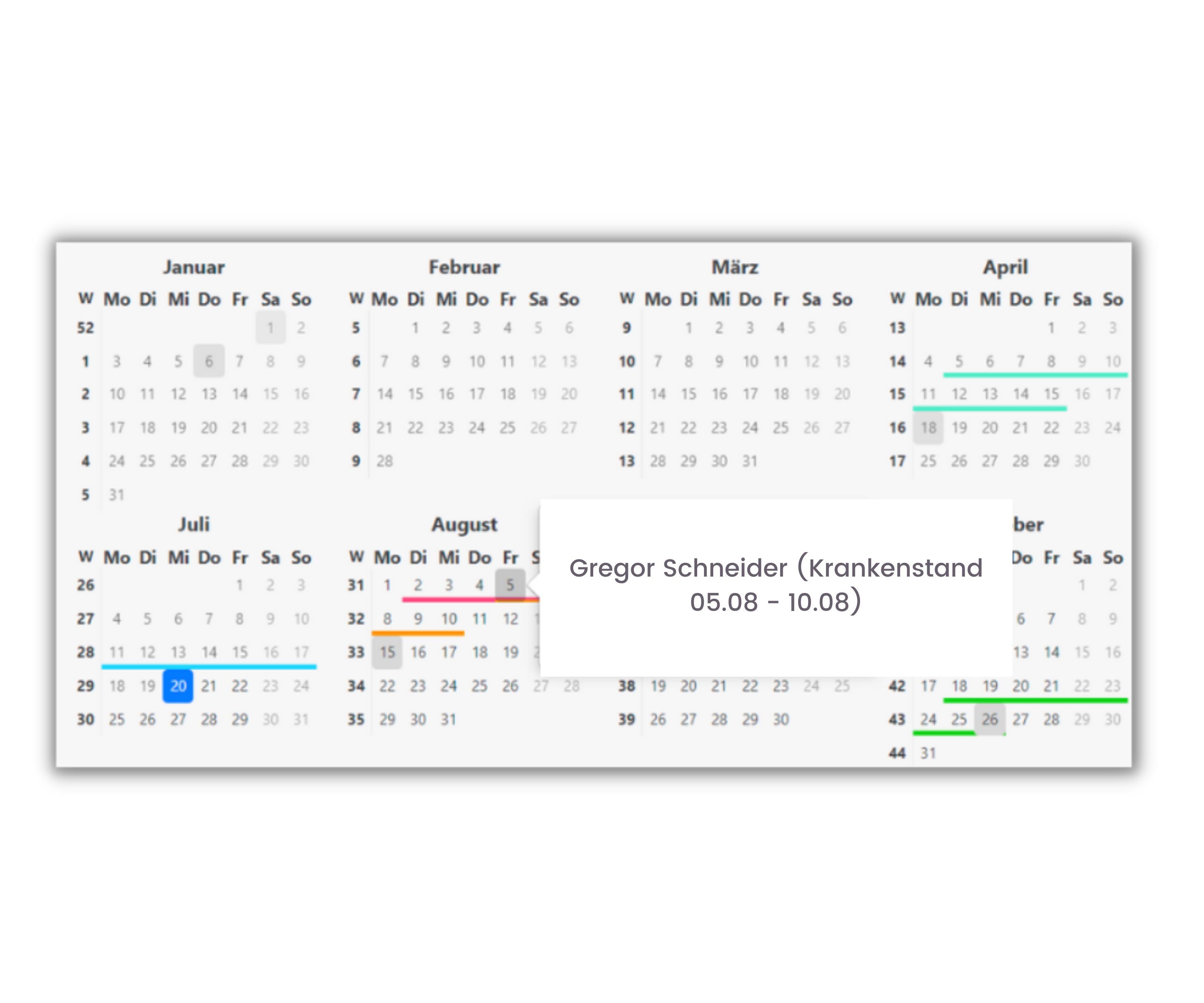 Abwesenheitskalender in TimeTrack Software