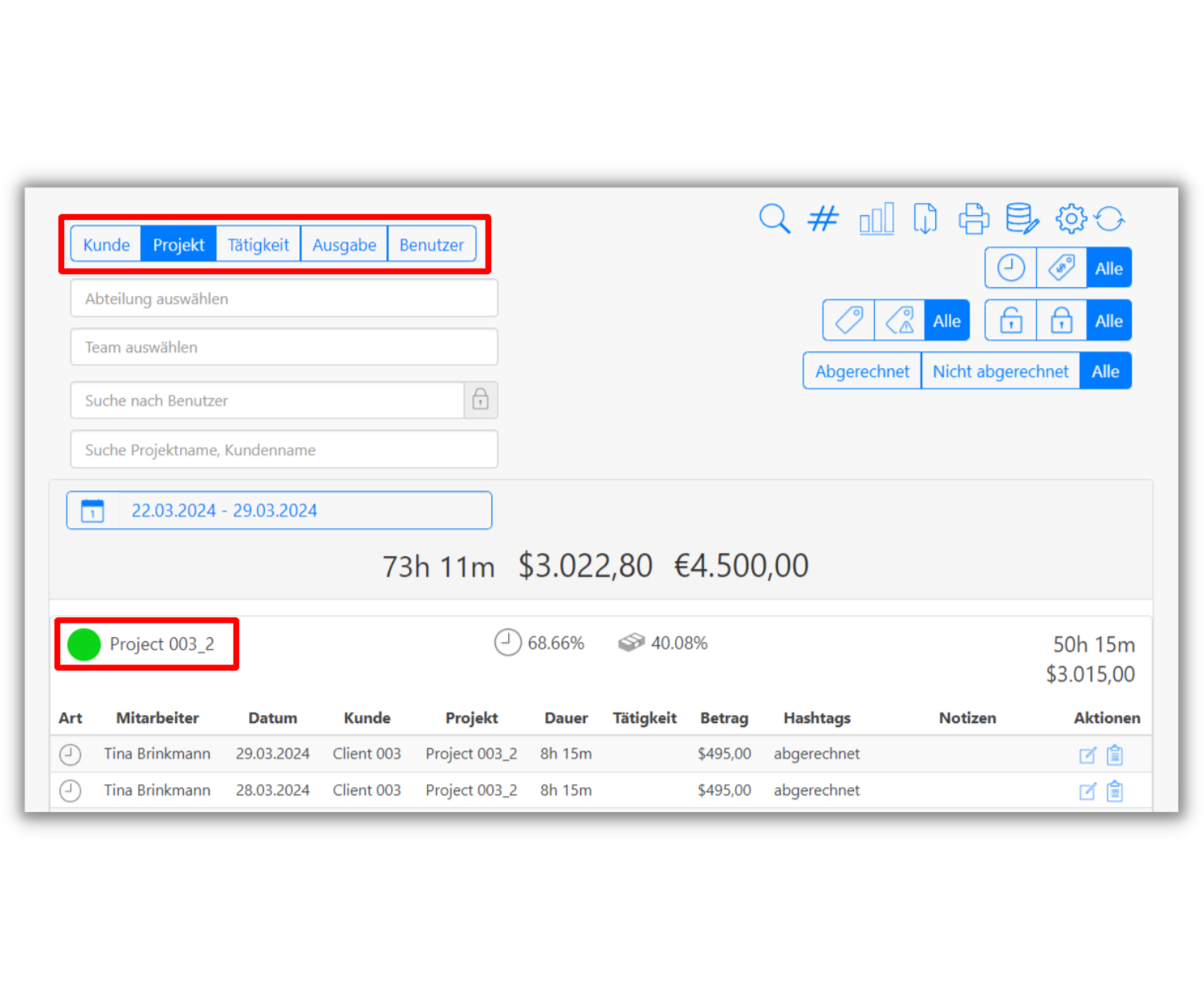 Berichte und analyse Filter