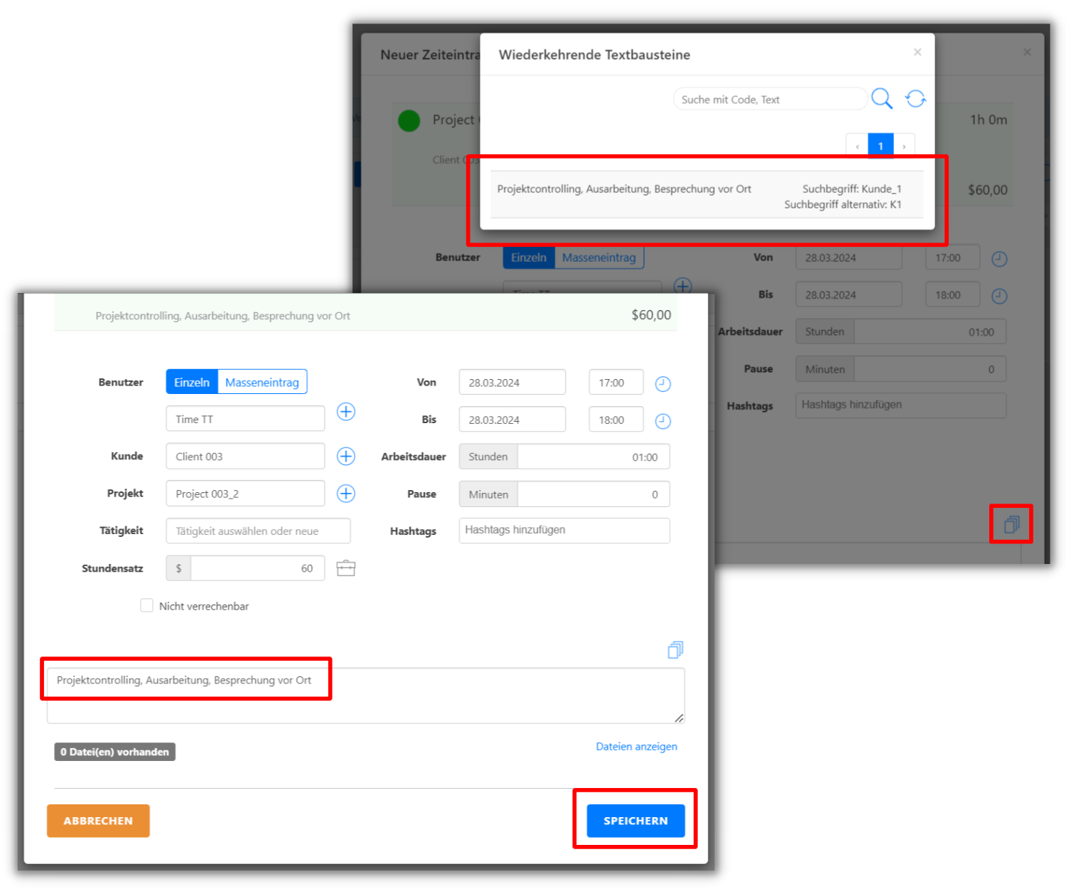 textbaustein in zeiteintrag