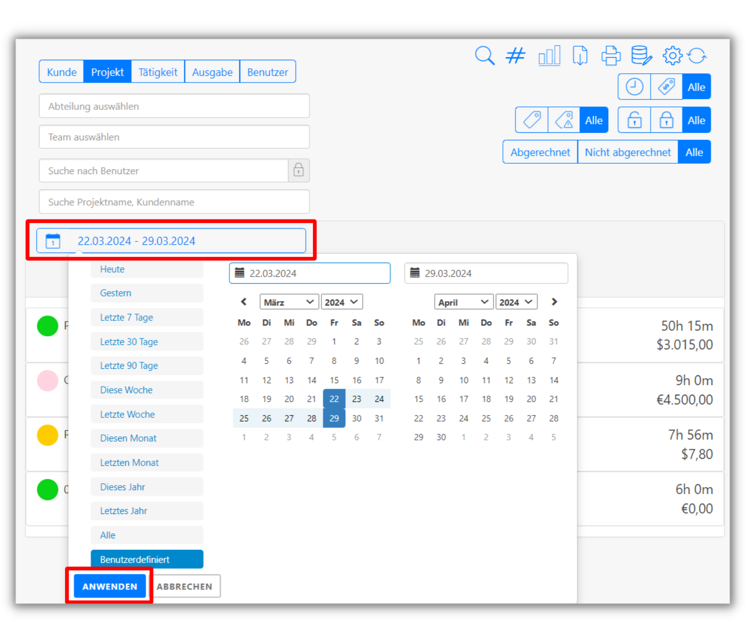 berichte und analyse Zeitraum auswählen