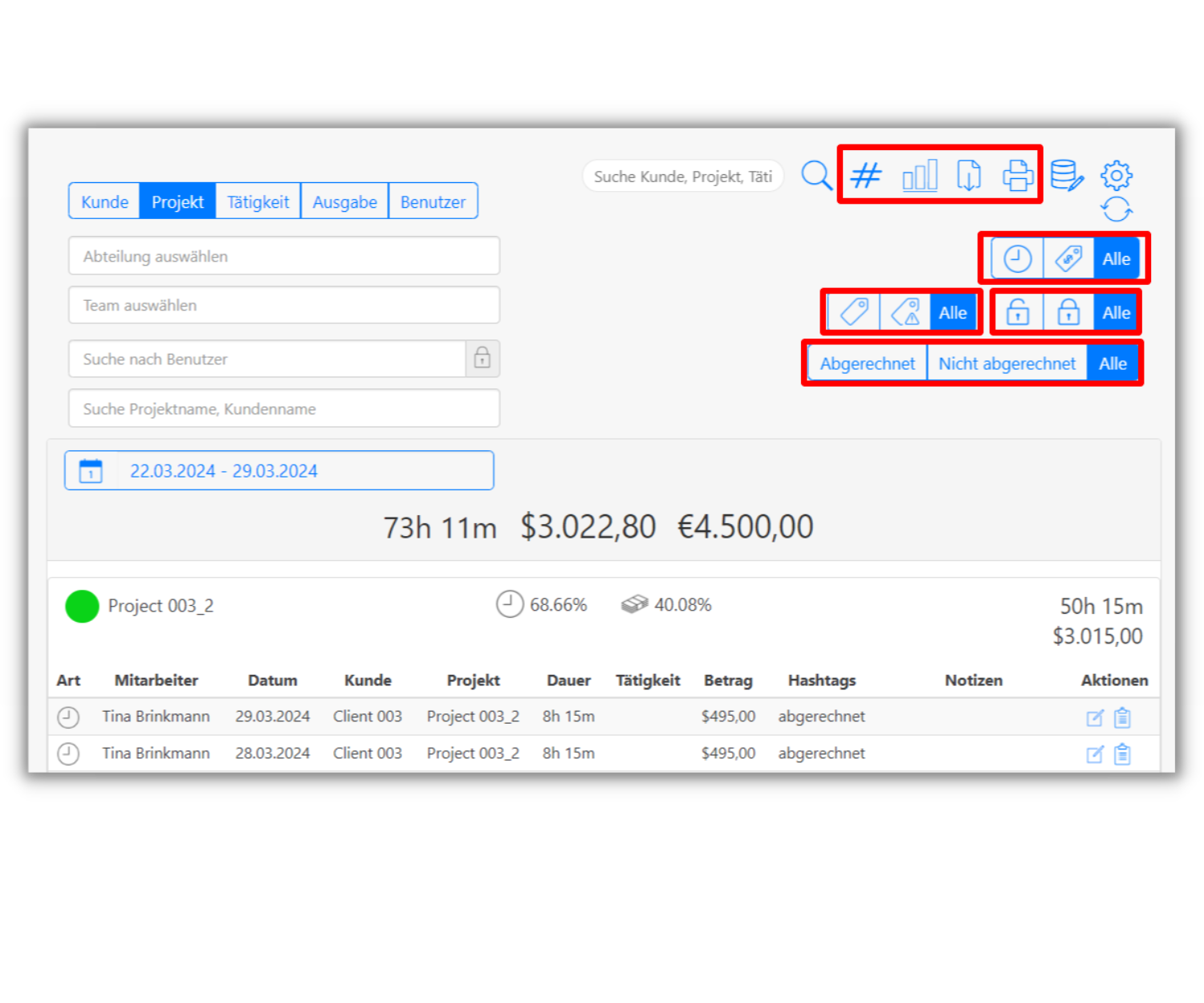 berichte und analyse zeiteinträge filtern