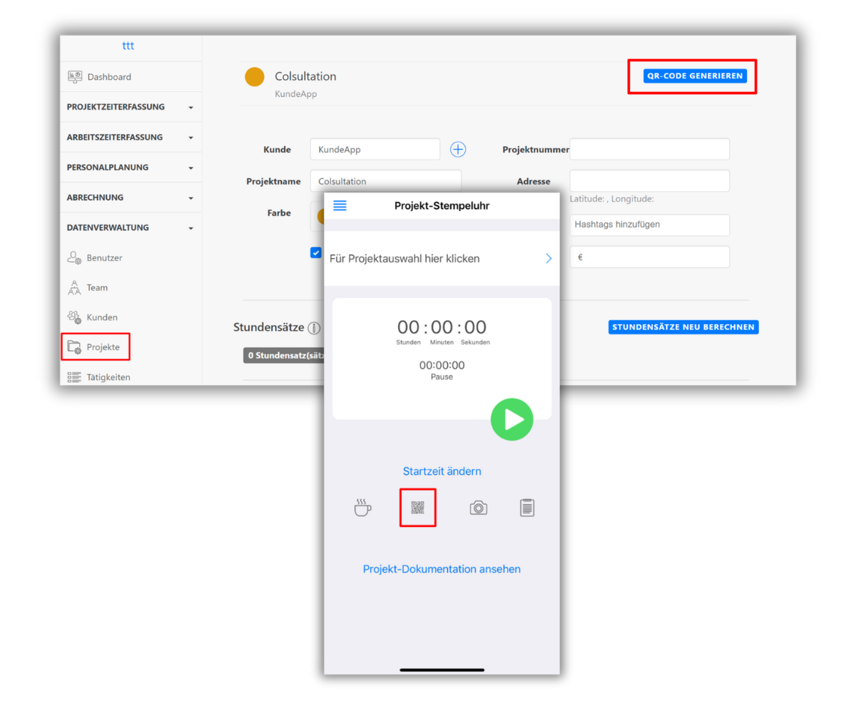 Screenshot einer Projektmanagement-Software TimeTrack. Links ist eine Seitenleiste mit Menüpunkten wie 'Dashboard', 'Projektzeiterfassung', 'Arbeitszeiterfassung', 'Personalplanung', 'Abrechnung', 'Datenverwaltung' und 'Tätigkeiten'. Der Menüpunkt 'Projekte' ist rot markiert. Rechts ist eine Eingabemaske für ein Projekt mit Feldern für Kunde, Projektnummer, Adresse und Hashtags. Zwei blaue Buttons: 'QR-Code generieren' und 'Stundensätze neu berechnen'. In der Mitte ist eine Projekt-Stempeluhr mit 00:00:00 und verschiedenen Symbolen darunter, einschließlich eines QR-Code-Symbols.