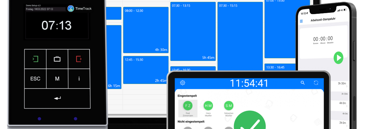 Ein Bild zeigt die TimeTrack-Software auf verschiedenen Geräten: einem Desktop-Computer, einem Laptop, einem Tablet und einem Smartphone. Die Benutzeroberflächen auf den Geräten zeigen die Zeiterfassungsfunktion der Software, darunter Arbeitszeitprotokolle, Diagramme und Berichte. Das Bild verdeutlicht die Vielseitigkeit und Benutzerfreundlichkeit der TimeTrack-Software, die auf mehreren Plattformen und Geräten genutzt werden kann.