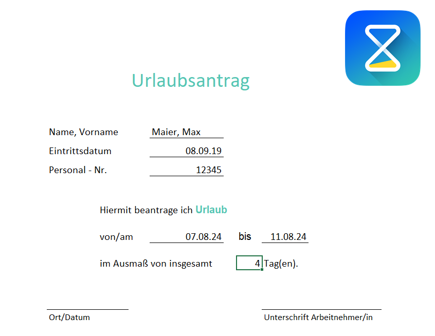 Ein Screenshot einer Urlaubsantrag-Vorlage in Excel. Die Tabelle enthält Felder für die Eingabe von Mitarbeitername, Abteilung, Urlaubszeitraum, Anzahl der Urlaubstage und den Grund des Urlaubs. Es gibt auch Bereiche für die Genehmigung durch den Vorgesetzten und die Personalabteilung. Die Vorlage ist strukturiert, um den Prozess der Urlaubsantragsstellung übersichtlich und effizient zu gestalten.