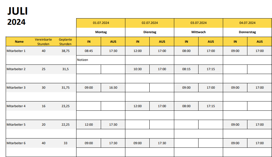 Ein Screenshot einer Dienstplan-Excel-Vorlage für das Jahr 2024. Die Vorlage zeigt eine Tabelle mit verschiedenen Spalten und Zeilen, die verschiedene Informationen wie Datum, Wochentag, Mitarbeitername, Arbeitszeit und Aufgaben enthalten. Die Tabelle ist in verschiedenen Farben gestaltet, um die verschiedenen Schichten und Arbeitszeiten hervorzuheben.
