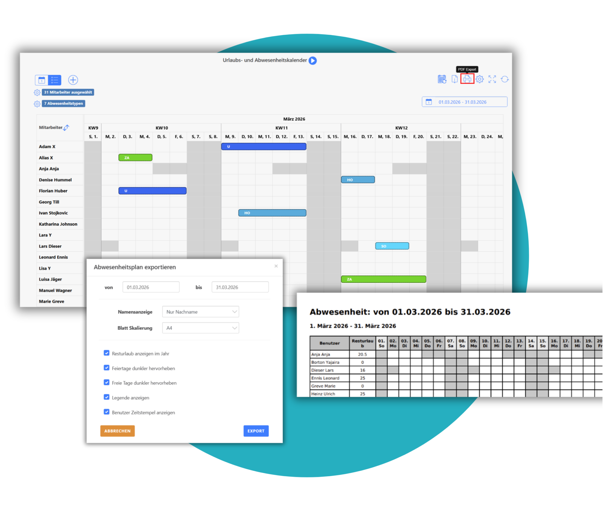 Abwesentheitskalender PDF Export