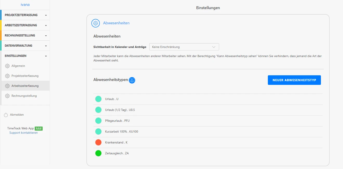 TimeTrack Abwesenheitstypen