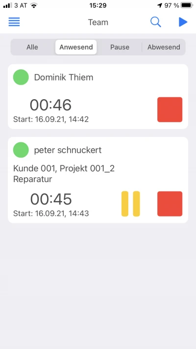 Mobile Anwesenheitserfassung Team Stempeluhr